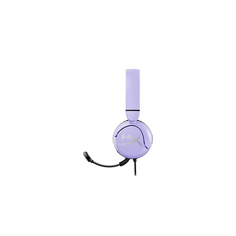 Casque violet clair avec un microphone sur fond blanc. L'arceau est long et étroit, les oreillettes sont rondes. Un microphone noir est fixé de manière flexible.
