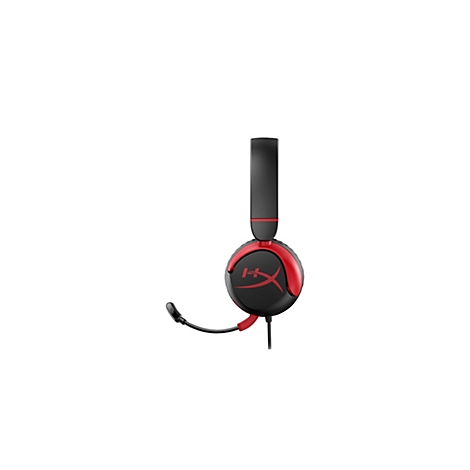 Casque de jeu noir avec des touches de rouge et un microphone sur fond blanc.