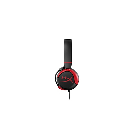 Vue détaillée d'un casque de jeu HyperX noir et rouge sur fond blanc. Le casque comporte un logo rouge.