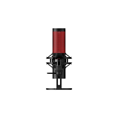 Un microphone noir avec un motif de grille rouge, sur un support noir sur fond blanc.