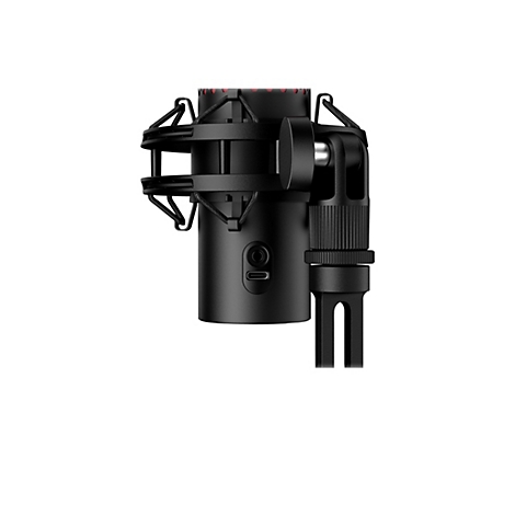 Vue détaillée d'un microphone USB noir. Il comprend un corps, un support et un support. Des détails tels que le couvercle en maille rouge et les ports USB-C sont visibles.