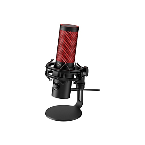 Microphone noir avec grille rouge et base ronde, fixé sur un support. Contrôle du volume et logo HyperX.