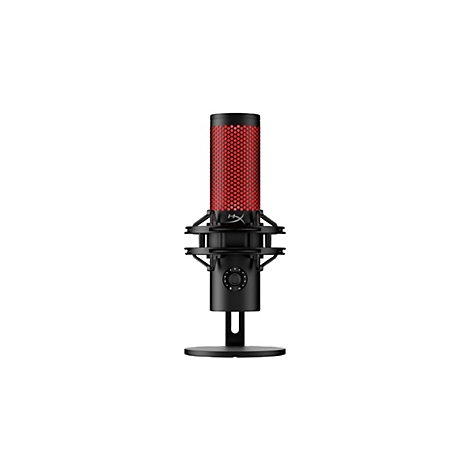 Un microphone noir avec un design de grille rouge, sur une base ronde. Le texte 'HX' est visible sur le microphone.