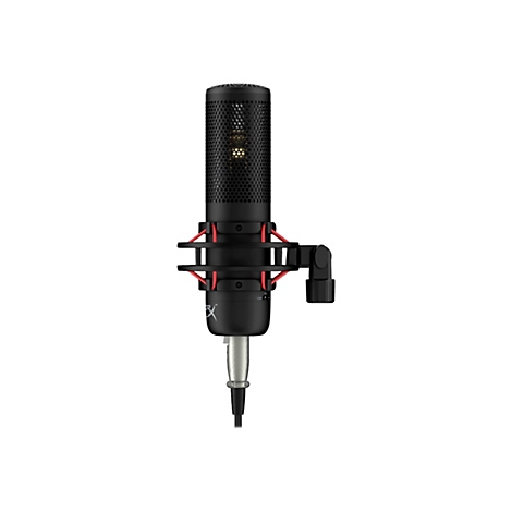 Microphone noir avec support rouge sur fond blanc. La tête du microphone a un motif en nid d'abeille. En dessous se trouve le logo du fabricant.
