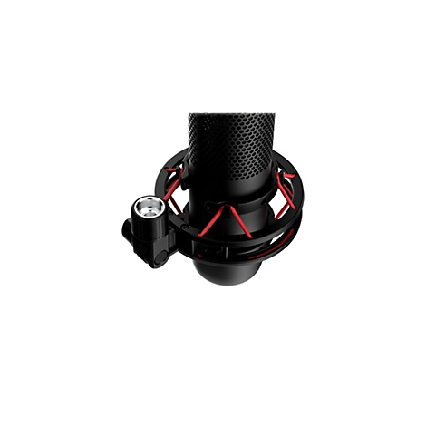 Microphone noir avec éclairage d'accentuation rouge et filetages de vis argentés, gros plan sur fond blanc.