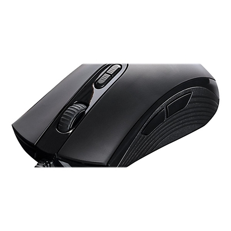 Schwarze Computermaus mit Scrollrad und Zusatztasten.