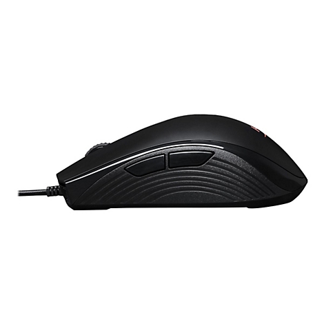 Schwarze Gaming-Maus, seitlich betrachtet, mit zwei Seitentasten, geriffeltem GehÃ¤use und Kabel.