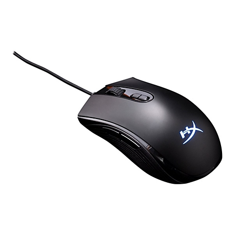 Schwarze Gaming-Maus mit Kabel, HyperX-Logo.