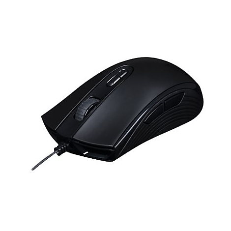 Schwarze Computermaus mit Kabel. Oben ein Scrollrad, zwei Seitentasten und zwei Zusatztasten.