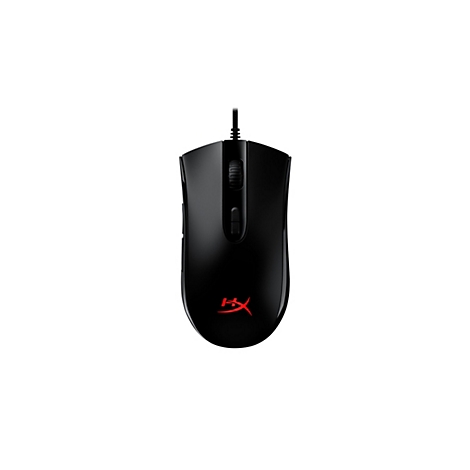 Souris de jeu noire avec le logo HyperX rouge. Le câble est fixé en haut.