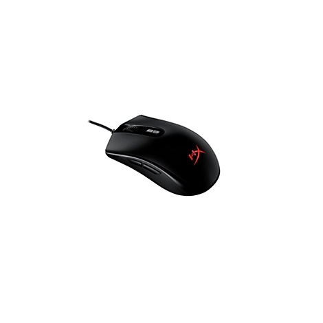 Souris de jeu noire sur fond blanc, logo HyperX rouge.