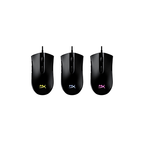 Trois souris d'ordinateur noires avec des logos colorés et des câbles sur fond blanc. Chaque souris a une couleur de logo différente.