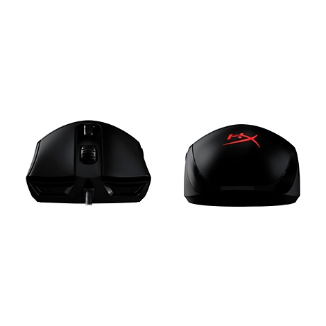 Souris de jeu noire avec logo HyperX, deux vues.