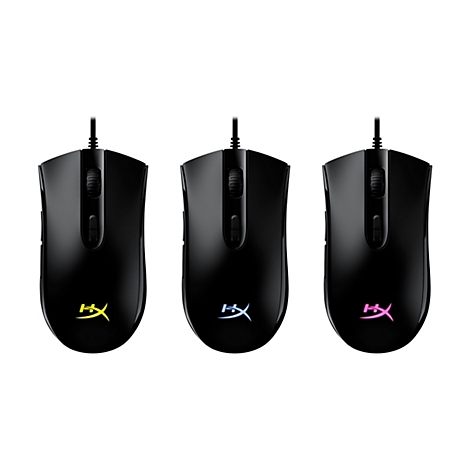 Trois souris de jeu noires avec des logos colorés et des câbles. Sur fond blanc.