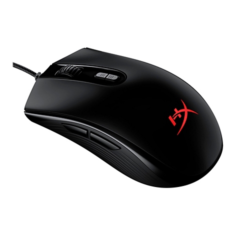 Souris de jeu noire avec logo HyperX rouge. Boutons latéraux, molette de défilement et câble.