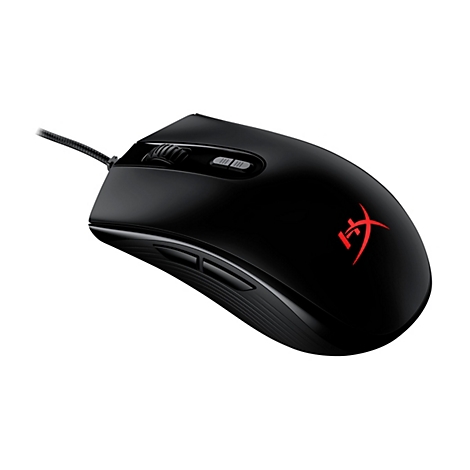 Souris de jeu noire avec logo rouge. La molette de défilement, les boutons, le connecteur de câble et les boutons latéraux du pouce sont visibles.