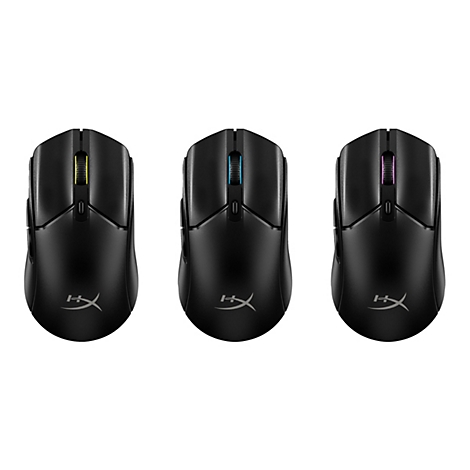 Trois souris d'ordinateur noires côte à côte. Chaque souris a une molette de défilement éclairée. Les couleurs sont le jaune, le bleu et le rose.