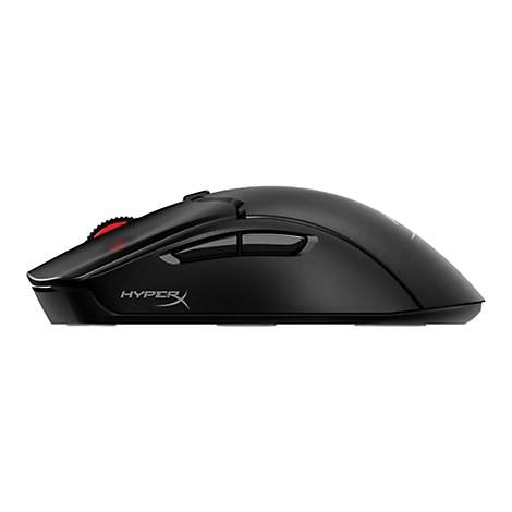 Souris d'ordinateur noire, vue latérale. Molette de défilement rouge et logo HyperX.