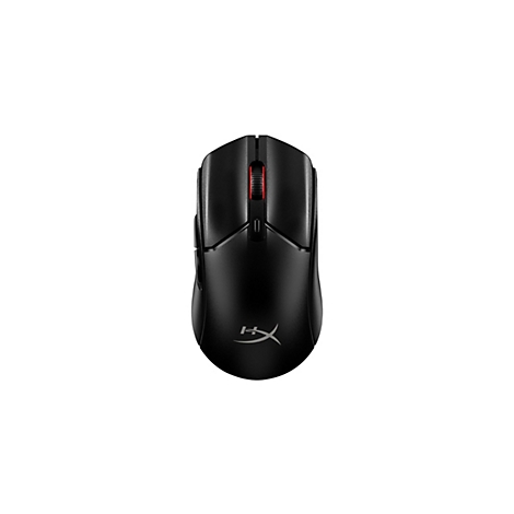 Souris de jeu noire avec molette de défilement rouge sur fond blanc. Le logo HyperX est visible.