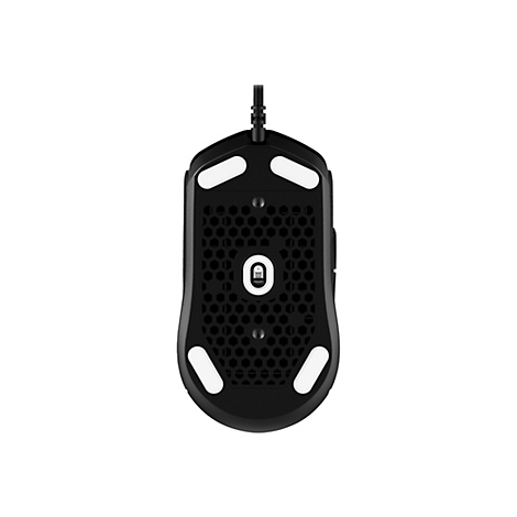 Vue de dessus d'une souris de jeu noire avec des surfaces de glissement blanches et un motif en nid d'abeille. Le câble est fixé en haut.