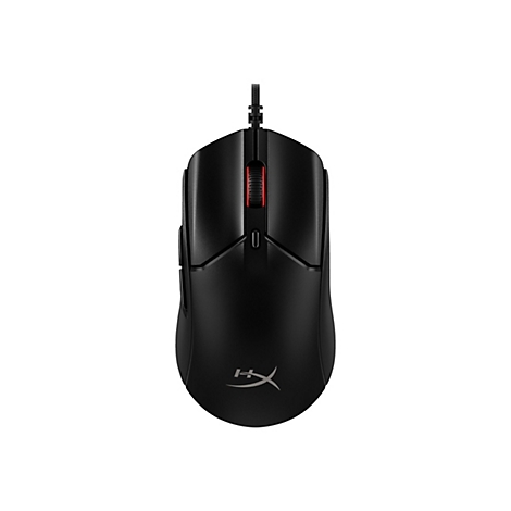 Souris de jeu noire avec molette rouge et câble. Le logo HyperX est affiché en bas.