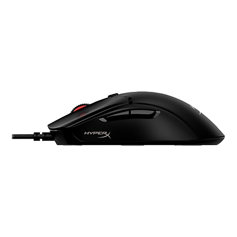 Souris de jeu noire avec molette de défilement rouge et logo. Sur fond blanc.
