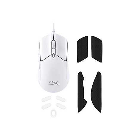 Ein weißer Gaming-Maus mit Zubehör auf weißem Hintergrund. Die Maus ist mit schwarzem Kontrast versehen. Neben der Maus sind schwarze Griffpads.