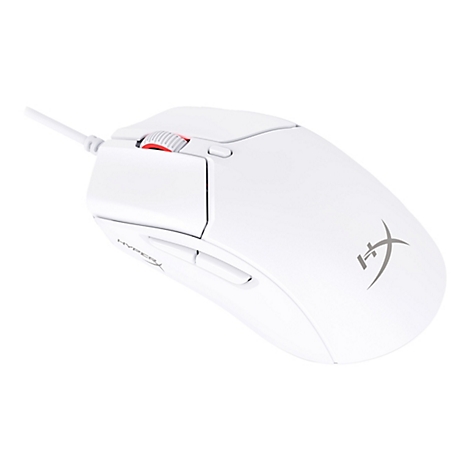 Weisse Gaming-Maus mit rotem Scrollrad, HyperX-Logo und Kabel.