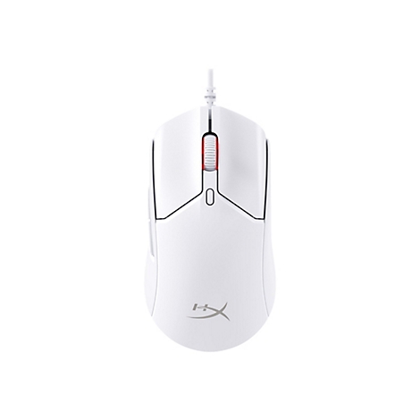 Weisse Gaming-Maus, die von oben fotografiert wurde. Das Scrollrad ist rot, das Logo des Herstellers ist sichtbar.