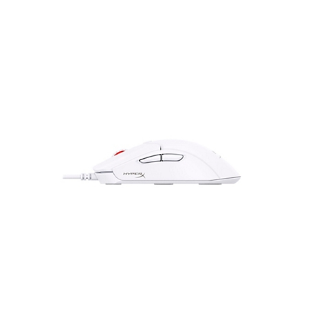 Weiße Gaming-Maus mit Kabel; rote Akzente und Logo. Detailansicht.