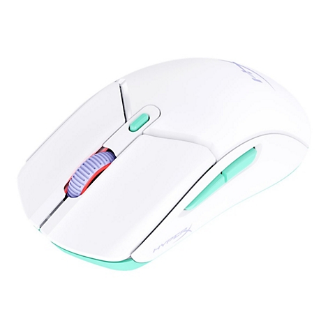Une souris d'ordinateur blanche avec des touches vert clair. La molette de défilement est violette et rouge.