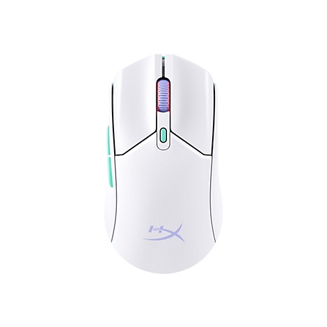 Vue de dessus d'une souris de jeu blanche. La souris a des accents turquoise et violets.