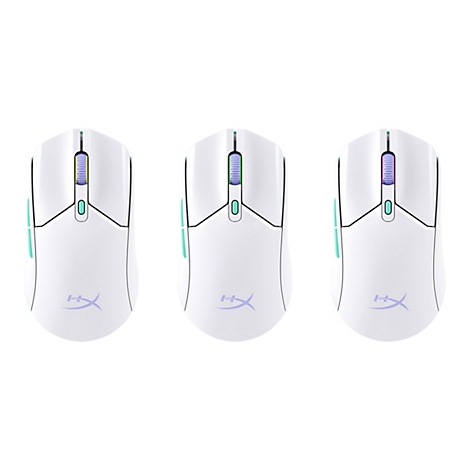 Trois souris de jeu blanches sur fond blanc. Chaque souris a une molette de défilement éclairée, les boutons de la souris sont verts.