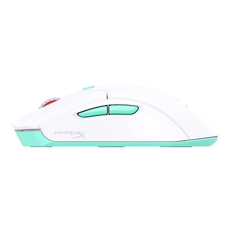 Vue de dessus d'une souris de jeu HyperX blanche avec des accents turquoise et le logo HyperX.