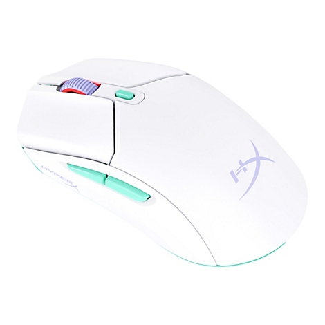 Souris d'ordinateur blanche avec des accents bleus. La molette de la souris est rouge et violette. Il y a un logo HyperX sur la souris.