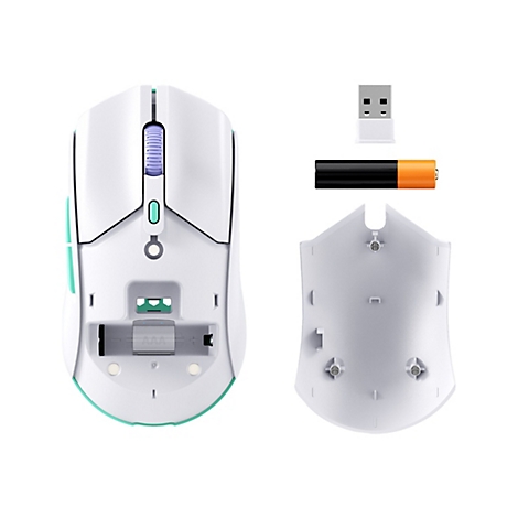 Souris blanche sans fil avec des accents vert clair et une molette de défilement violette. Sont également présentés le dessous avec compartiment à piles et une pile AAA.