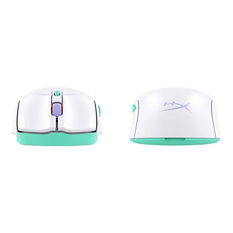 Deux vues d'une souris de jeu blanche avec des accents turquoise. La souris affiche le logo HyperX et une roulette.