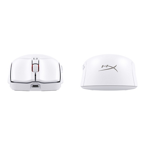 Zwei Ansichten einer weißen Computermaus. Links, vorne, zeigt die Maus ein Scrollrad und Ladeanschluss. Rechts die Oberseite mit Logo.
