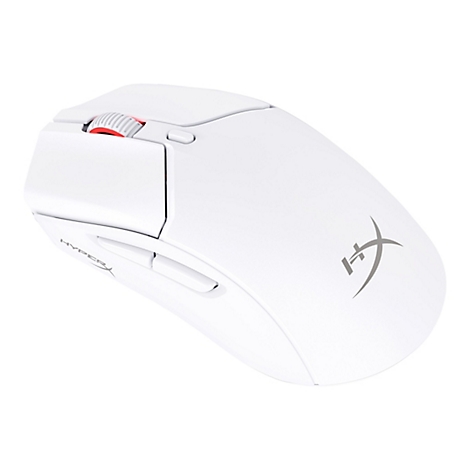 Weiße Gaming-Maus von HyperX. Rotes Mausrad, graues Logo auf der Oberfläche.