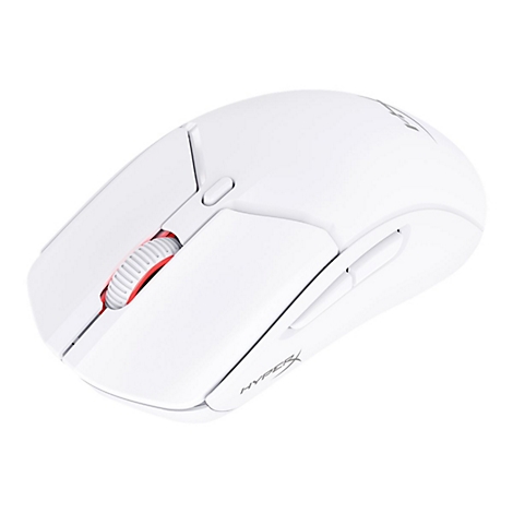 Weiße Computermaus, rotes Mausrad und HyperX Logo.