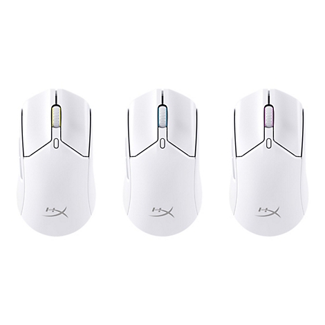 Drei weiße Gaming-Mäuse mit farbigen Scrollrädern. Links gelb, Mitte blau, rechts pink. HyperX-Logo unten.