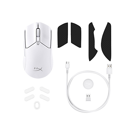 Ein weißer Gaming-Maus-Kit, komplett mit Maus, Aufklebern und Kabel. Die Maus zeigt das HyperX-Logo.