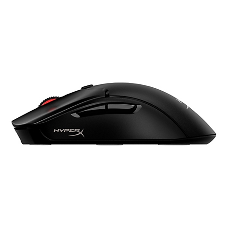 Schwarze Gaming-Maus mit rotem Scrollrad. Seitlich ist der Schriftzug HyperX zu sehen.