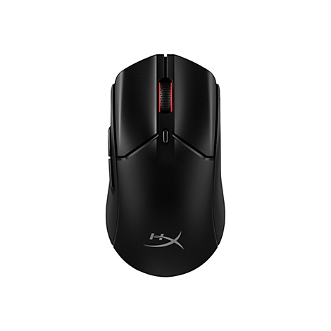 Schwarze Gaming-Maus mit rotem Scrollrad und HyperX-Logo. Der Hintergrund ist weiß.