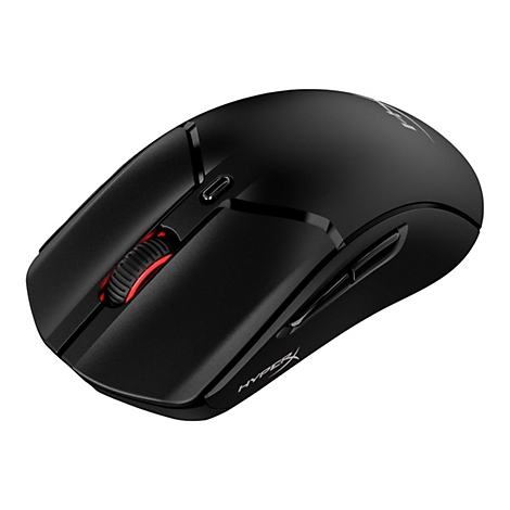 Schwarze Gaming-Maus mit rotem Scrollrad. HyperX-Logo auf der Seite.
