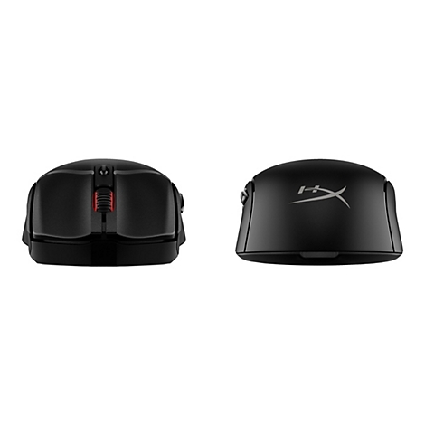 Zwei schwarze Mäuse vor weißem Hintergrund. Auf der einen Maus ist das HyperX-Logo, auf der anderen ein rotes Scrollrad zu sehen.