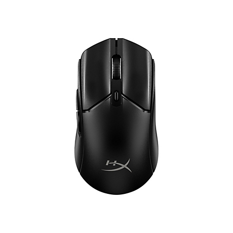 Schwarze Gaming-Maus, Draufsicht. Oben ein Scrollrad, darunter eine Taste. Auf der Unterseite ein Logo.