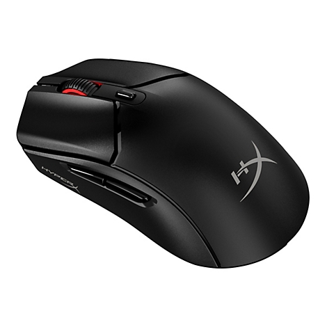 Schwarze Gaming-Maus von HyperX. Scrollrad und Logo in Hellgrau.