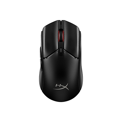 Schwarze Computermaus, von oben gesehen. Auf der Maus befindet sich ein rotes Scrollrad und ein Logo.