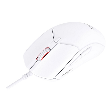 Souris de jeu blanche avec molette rouge et logo HyperX, connexion par câble.